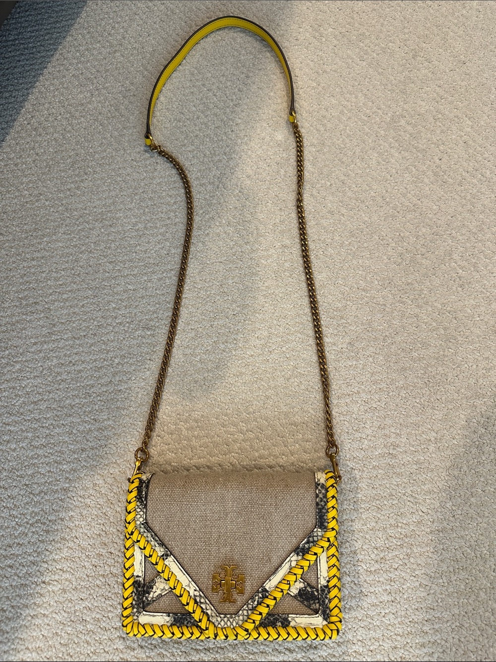 Tory Burch Snakeskin and Leather Yellow Trim Beige Crossbody Bag